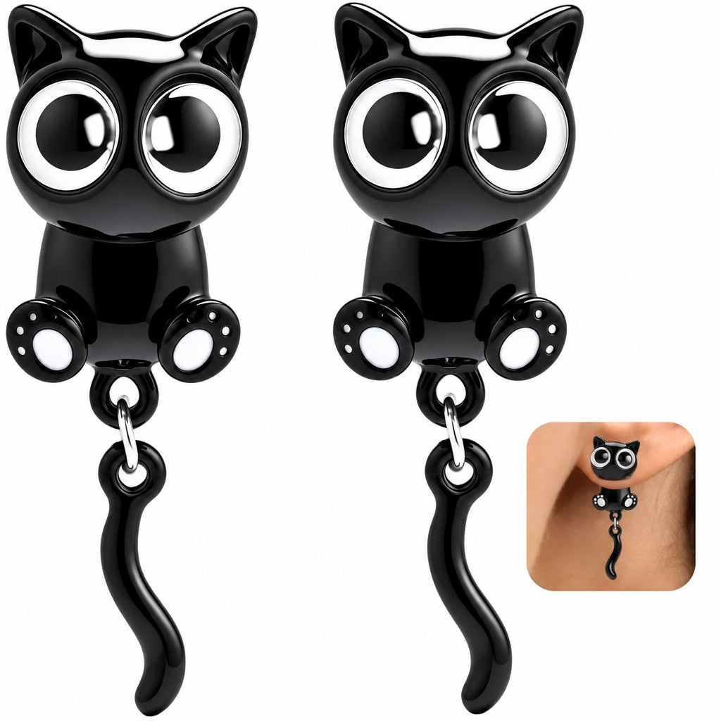 Dainty 3D Black Cat Stud Earrings