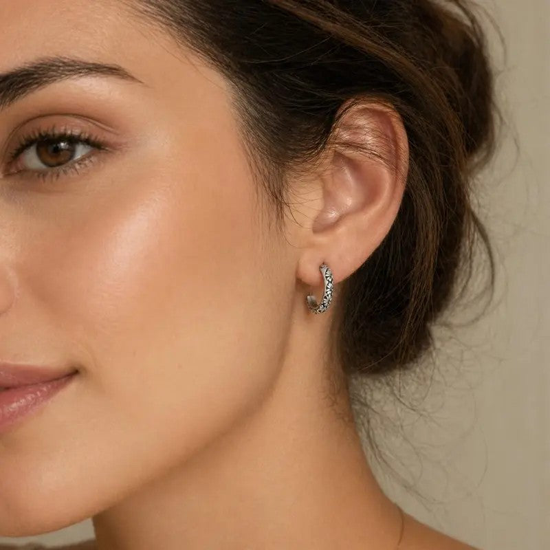 Vintage Floral Engraved Huggie Hoop Earrings