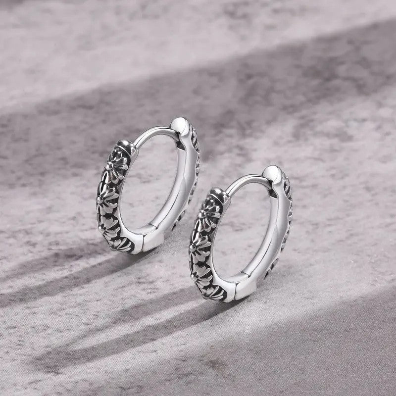 Vintage Floral Engraved Huggie Hoop Earrings