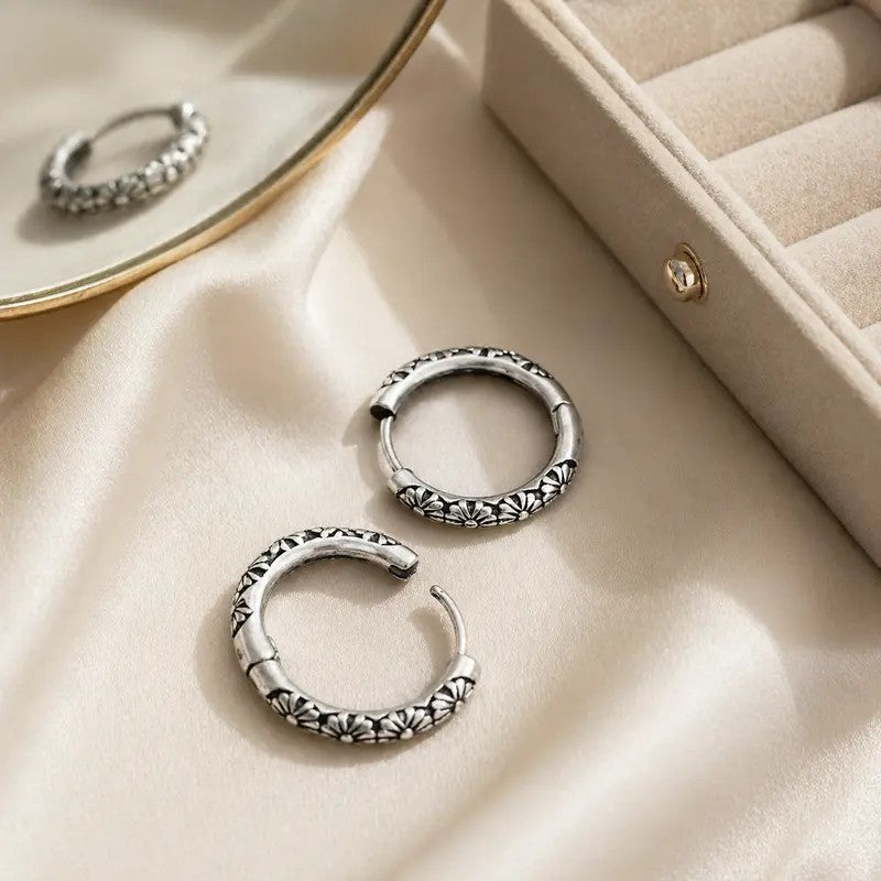Vintage Floral Engraved Huggie Hoop Earrings