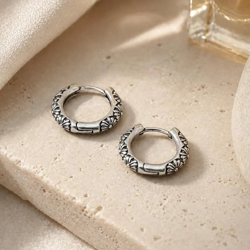 Vintage Floral Engraved Huggie Hoop Earrings