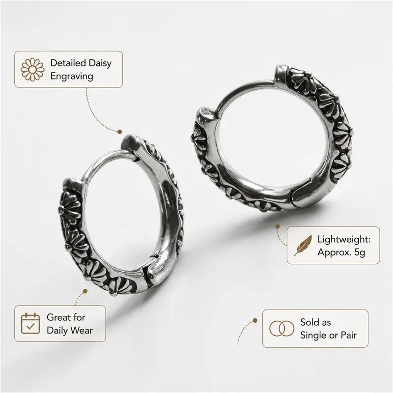 Vintage Floral Engraved Huggie Hoop Earrings