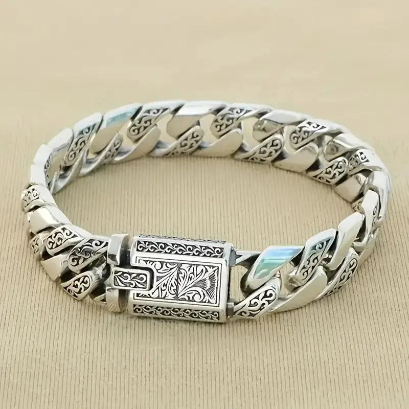 Vintage Engraved Floral Cuban Bracelet