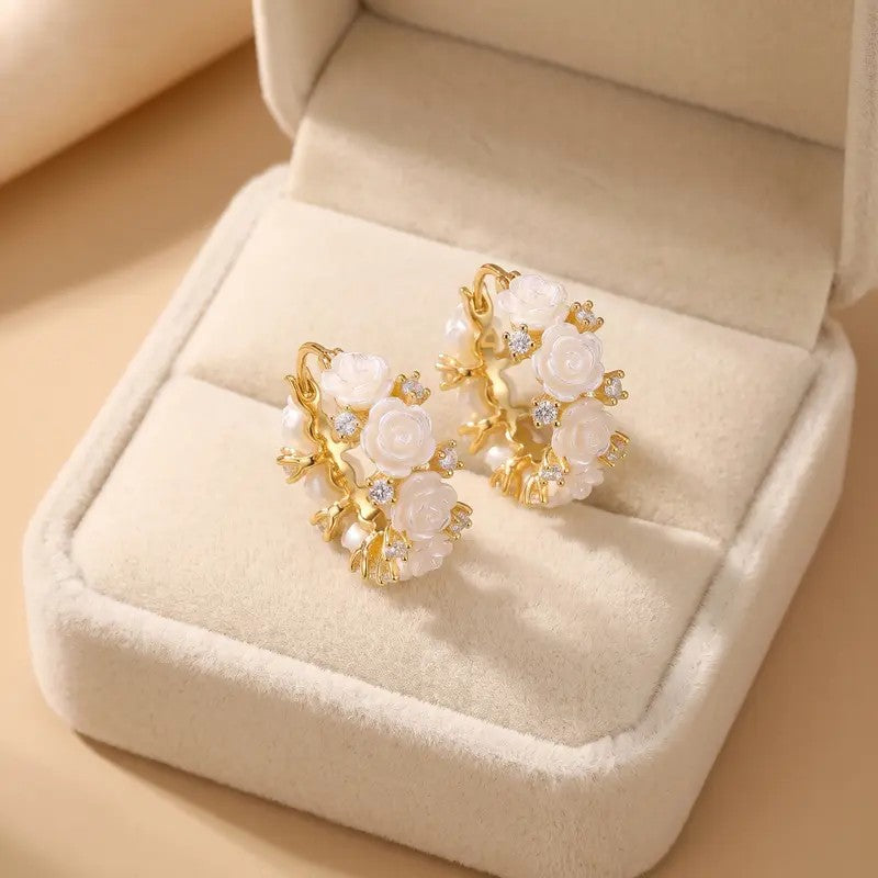 Elegant Faux Pearl Rose Clip Earrings