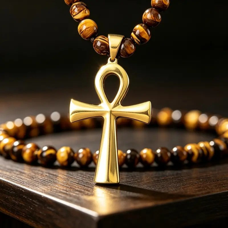 Boho Tiger Eye Ankh Pendant Necklace