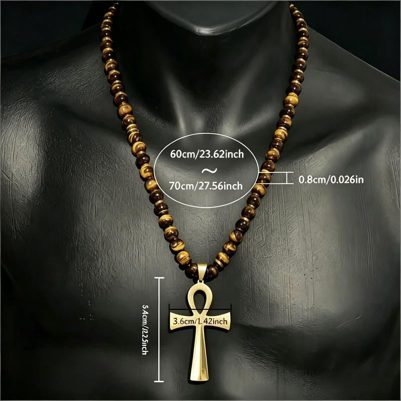 Boho Tiger Eye Ankh Pendant Necklace