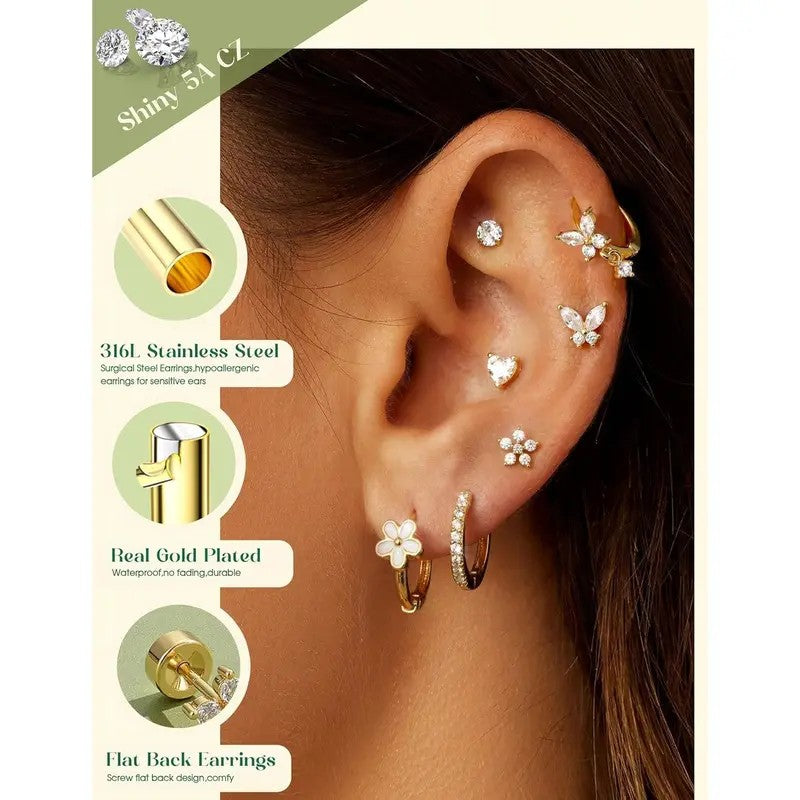 14k Dainty Floral & Butterfly Earring Set