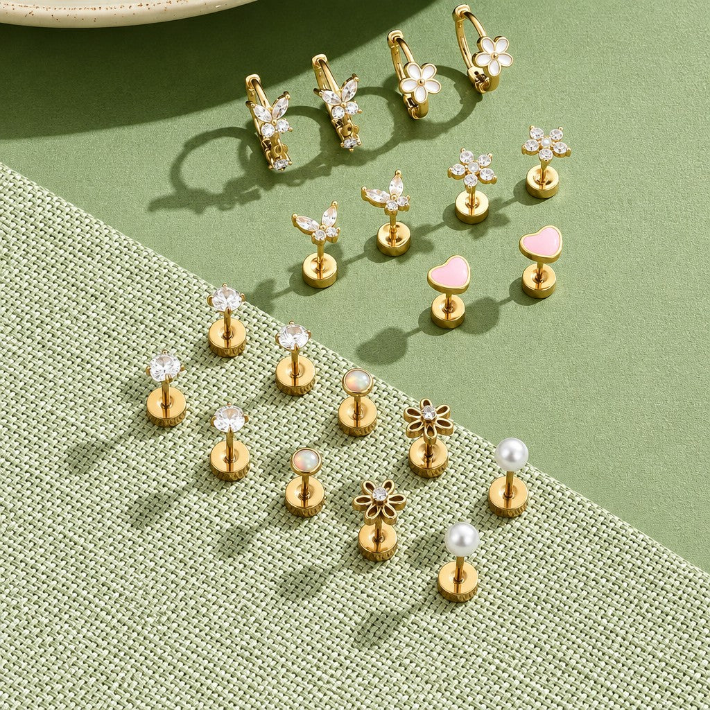 14k Dainty Floral & Butterfly Earring Set
