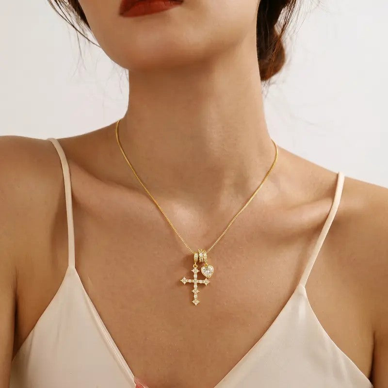 Dainty CZ Cross and Heart Box Chain Necklace