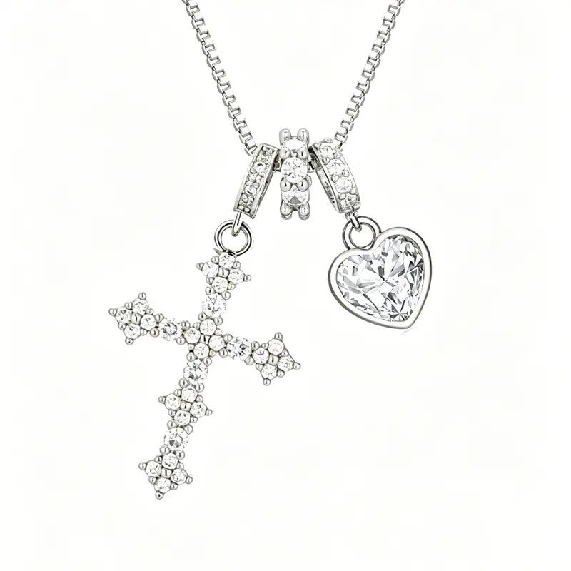Dainty CZ Cross and Heart Box Chain Necklace