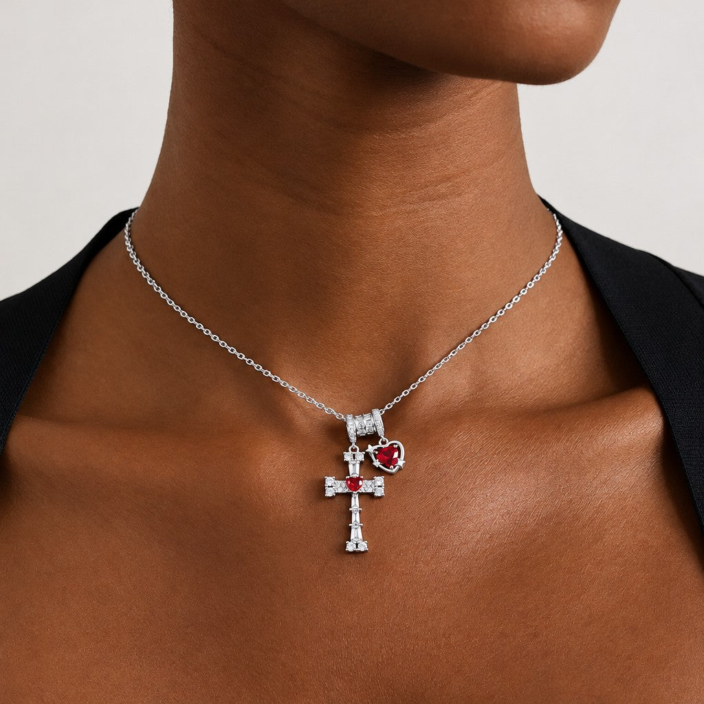 Dainty CZ Cross and Heart Box Chain Necklace