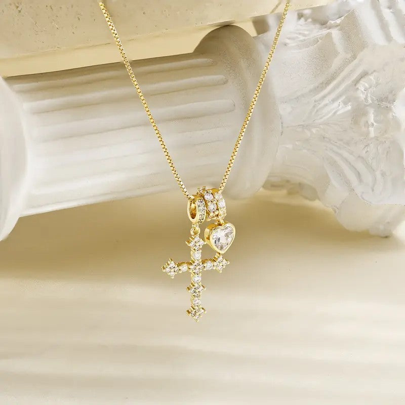 Dainty CZ Cross and Heart Box Chain Necklace