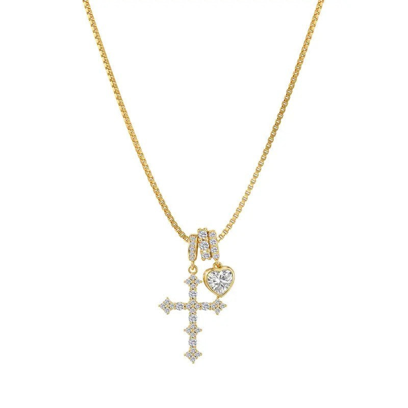 Dainty CZ Cross and Heart Box Chain Necklace