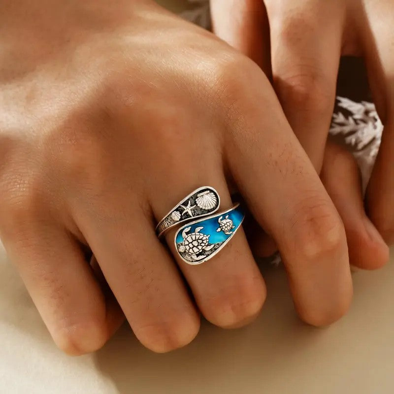 Boho Sea Turtle & Shell Open Ring