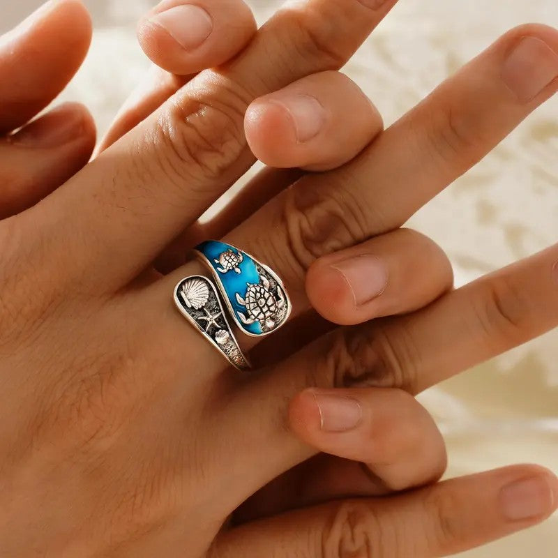 Boho Sea Turtle & Shell Open Ring