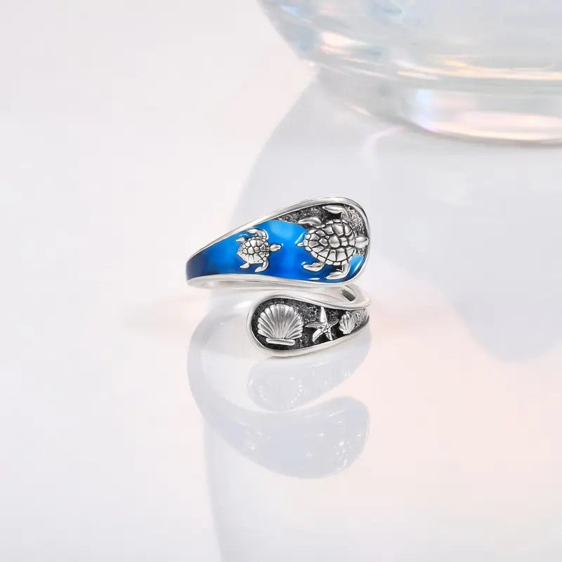 Boho Sea Turtle & Shell Open Ring