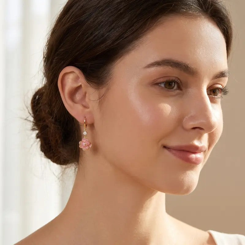 Elegant Pink Camellia Drop Earrings