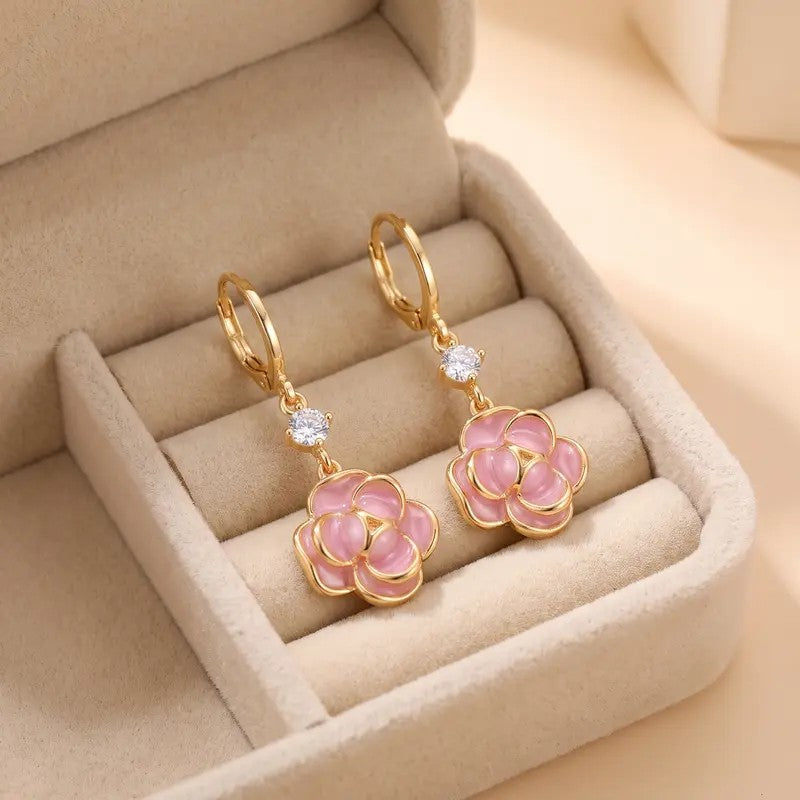 Elegant Pink Camellia Drop Earrings