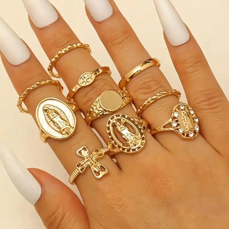 10pc Boho Religious Medallion & Cross Ring Set
