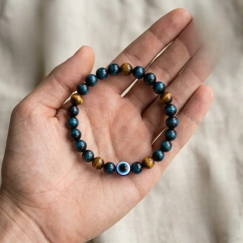Boho Tiger Eye & Evil Eye Beaded Bracelet