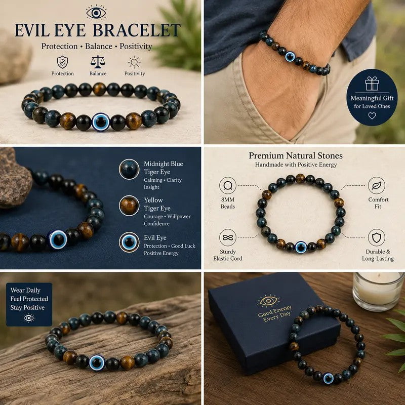Boho Tiger Eye & Evil Eye Beaded Bracelet
