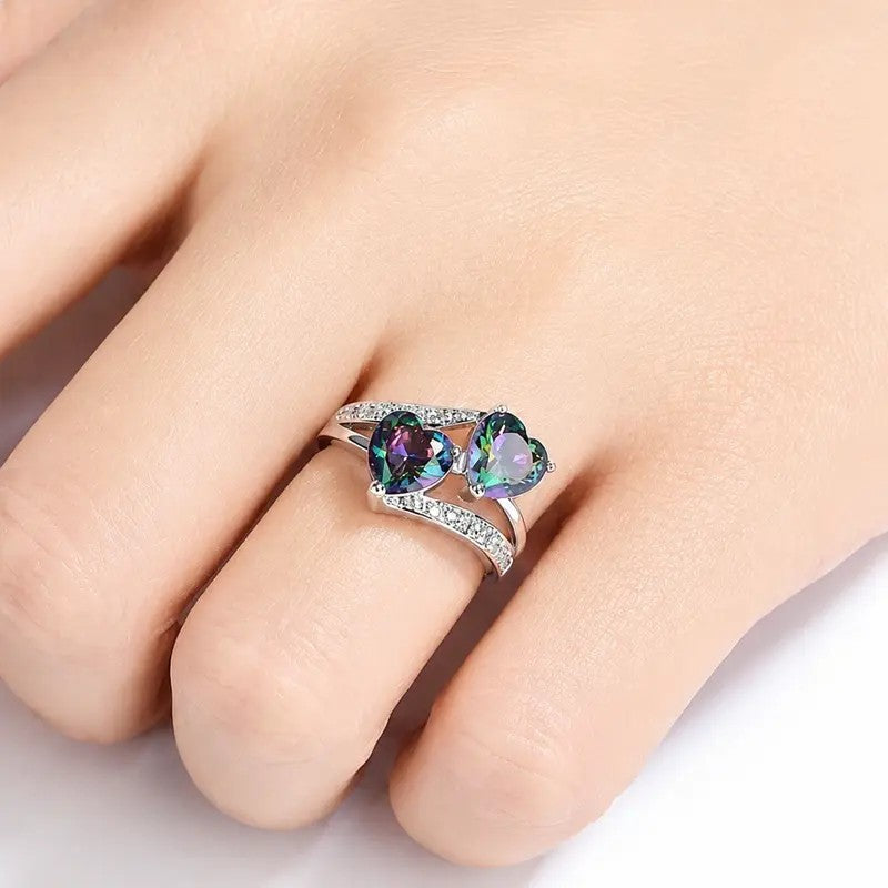 Romantic Dual Rainbow Heart Ring