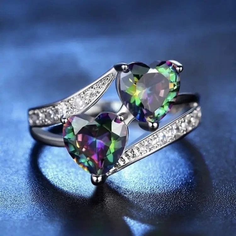 Romantic Dual Rainbow Heart Ring