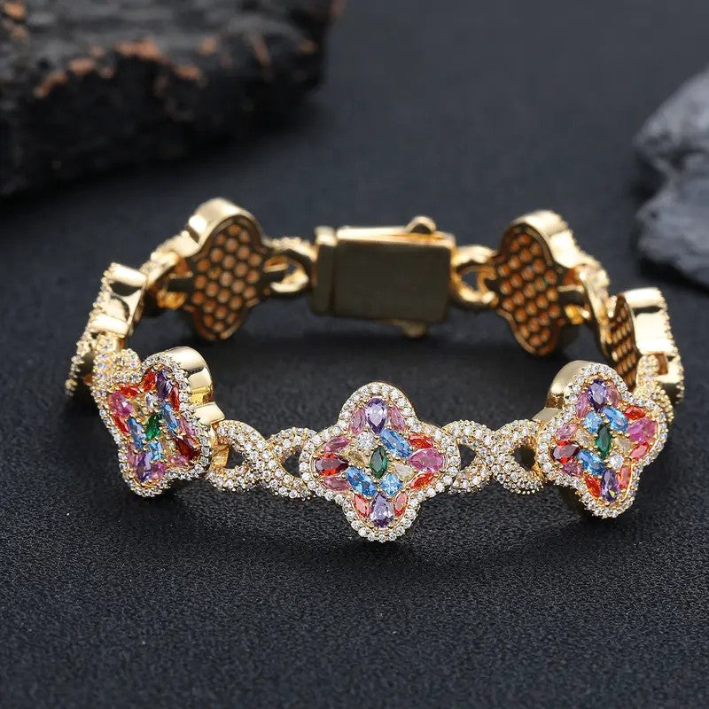 Elegant Multicolor Pave Clover Bracelet