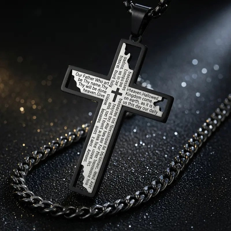 Glossy Lord's Prayer Cross Necklace
