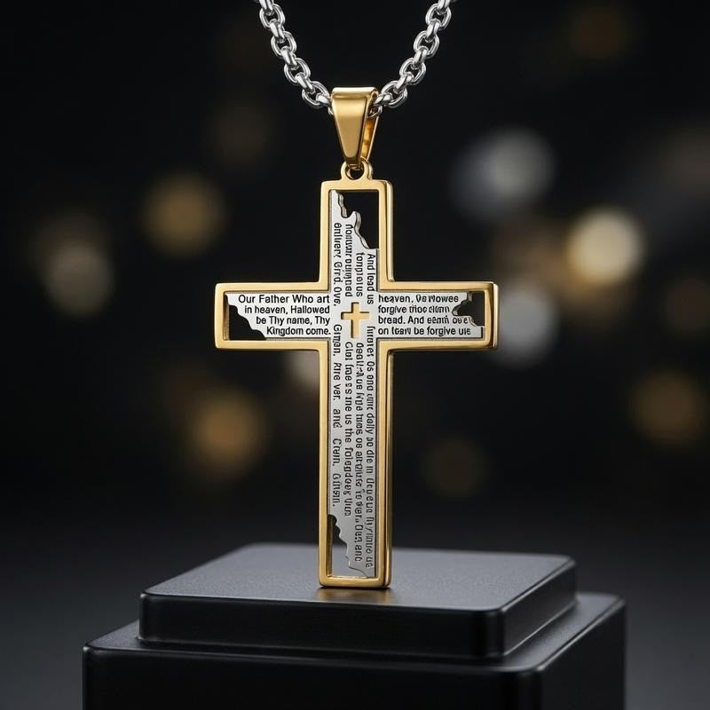 Glossy Lord's Prayer Cross Necklace