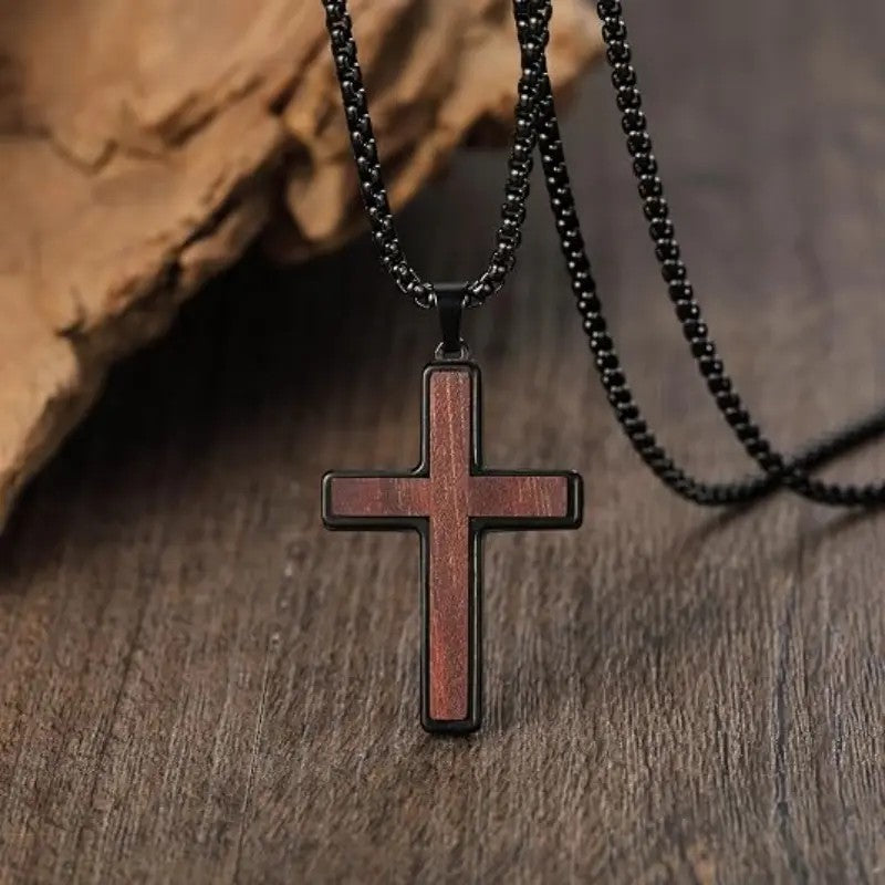 Classy Wood Grain Cross Necklace