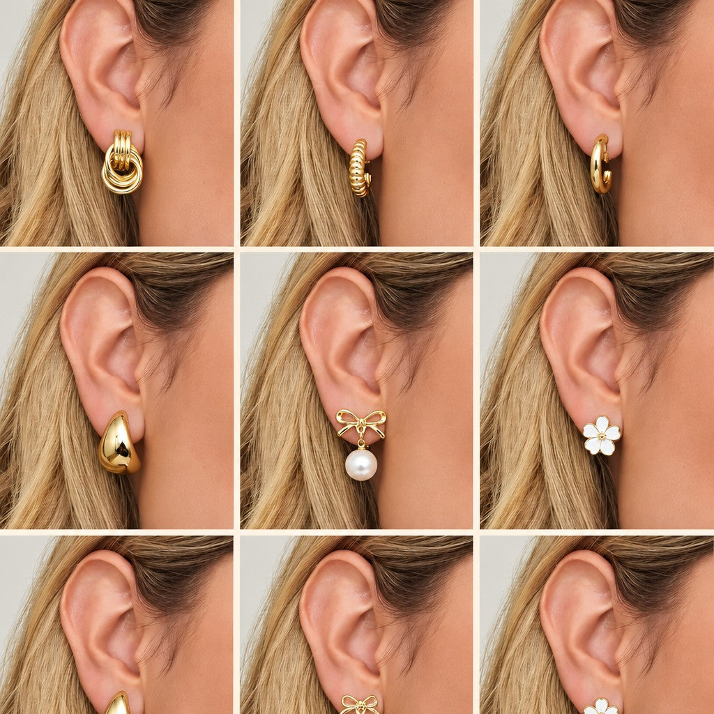 9pc 14k Dainty CZ Pearl & Knot Clip Earring Set