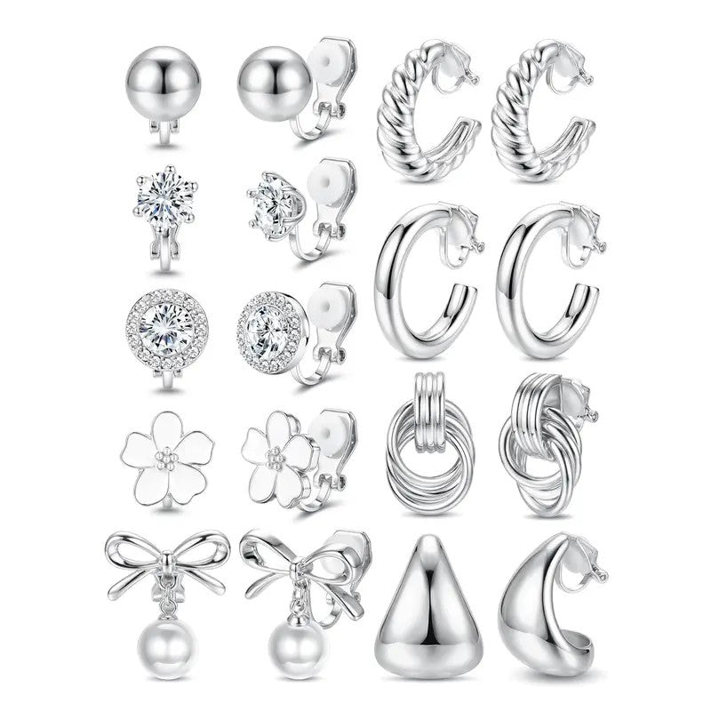 9pc 14k Dainty CZ Pearl & Knot Clip Earring Set