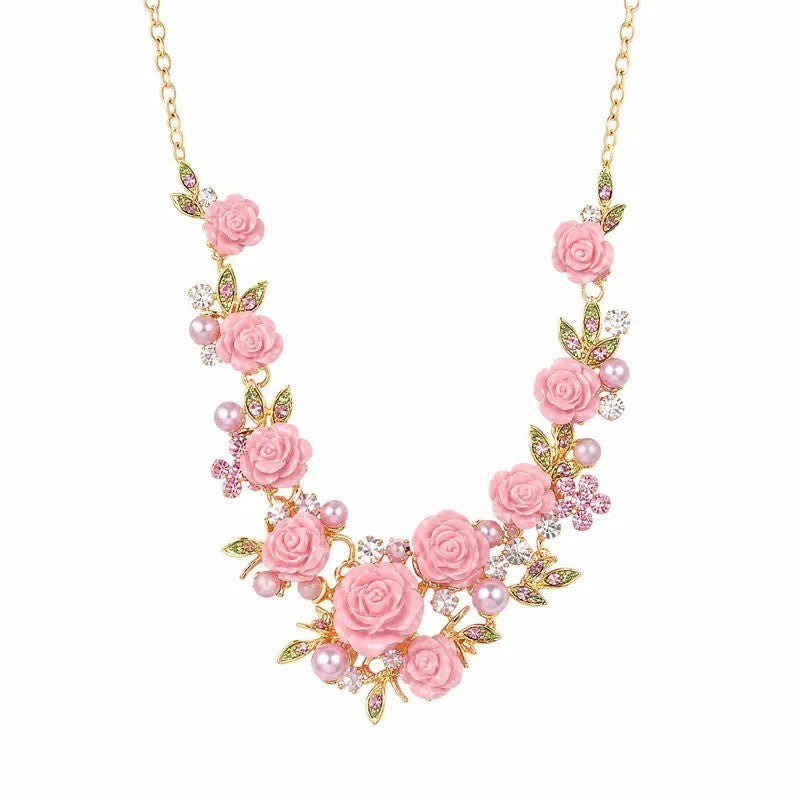 Romantic Pink Rose Floral Necklace
