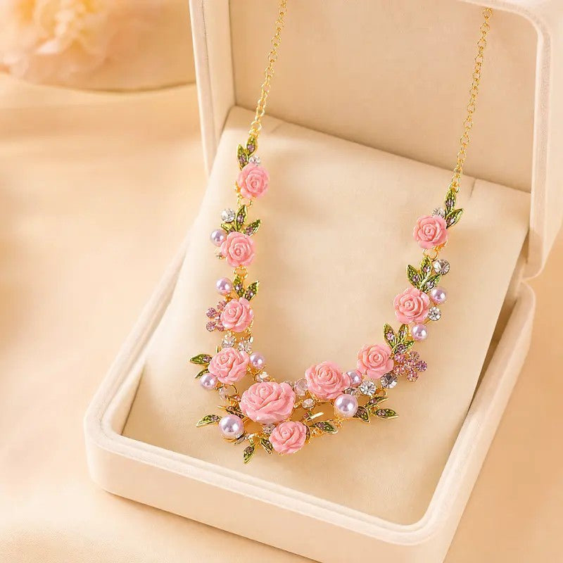 Romantic Pink Rose Floral Necklace