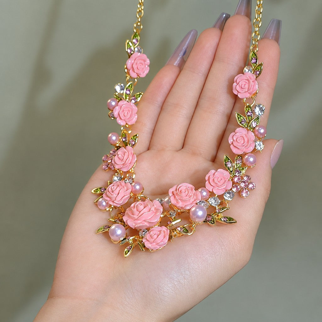 Romantic Pink Rose Floral Necklace