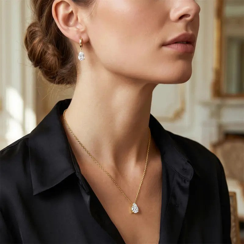 Elegant Pear Moissanite Necklace & Huggie Earring Set