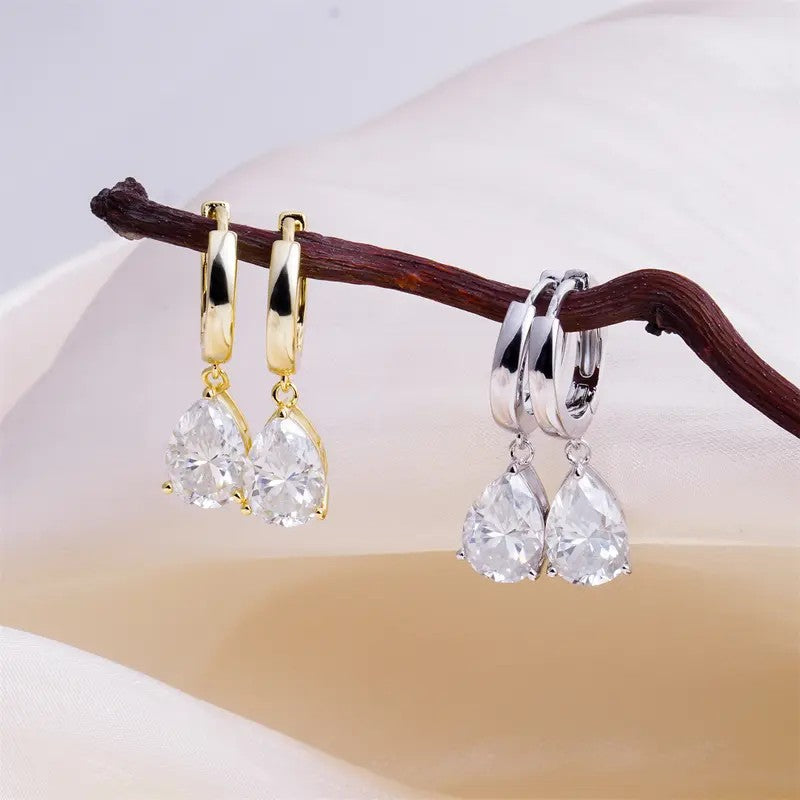 Elegant Pear Moissanite Necklace & Huggie Earring Set