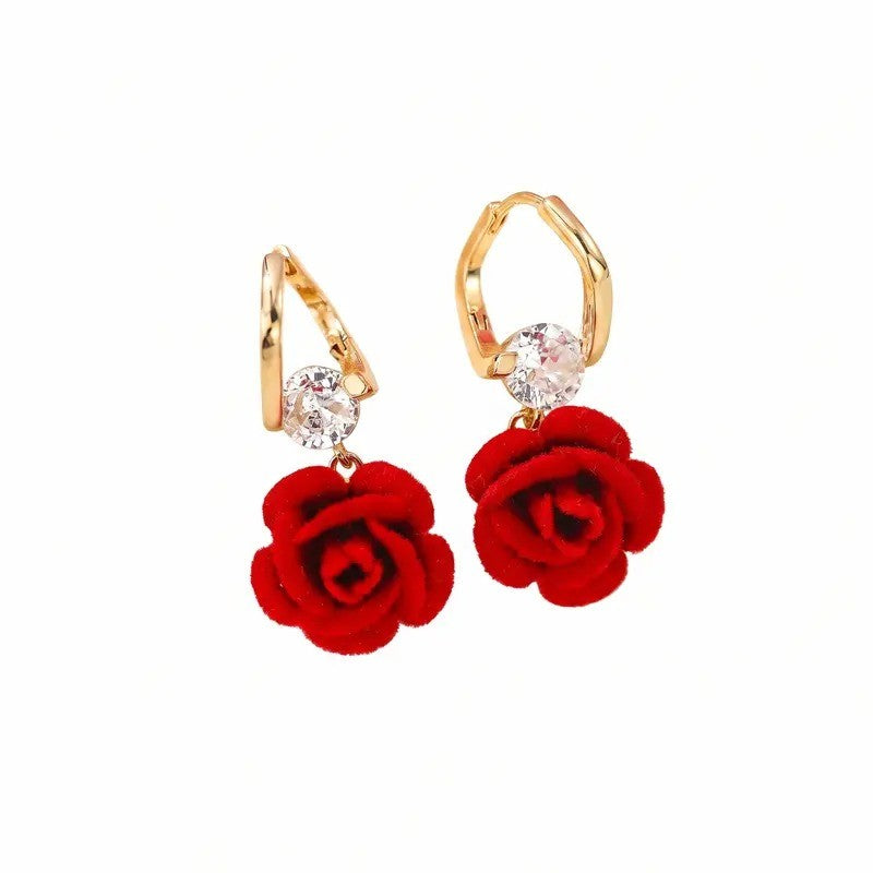 18k Romantic Red Velvet Rose Huggie Earrings