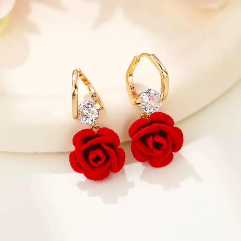 18k Romantic Red Velvet Rose Huggie Earrings