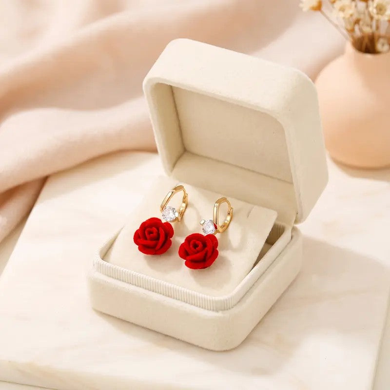 18k Romantic Red Velvet Rose Huggie Earrings
