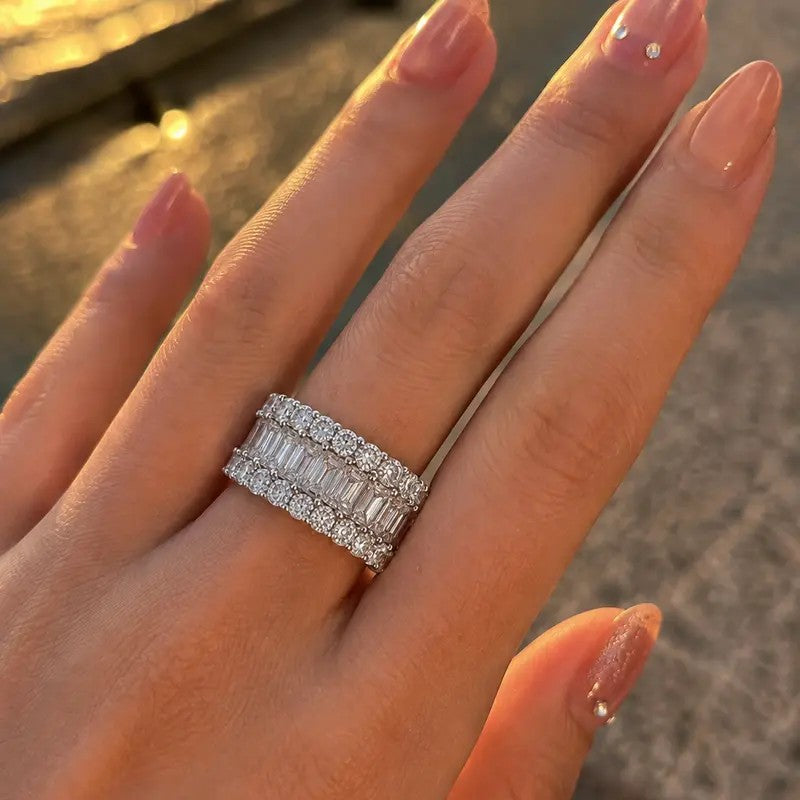 Classy Triple Row Baguette & Round Zircon Wide Band Ring