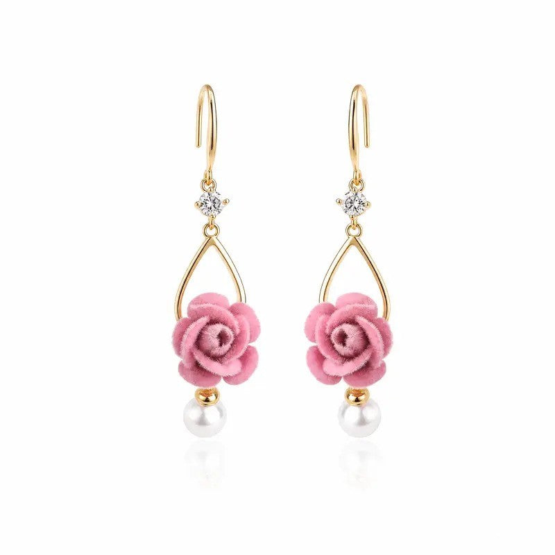 18k Romantic Flocked Rose Pearl Drop Earrings