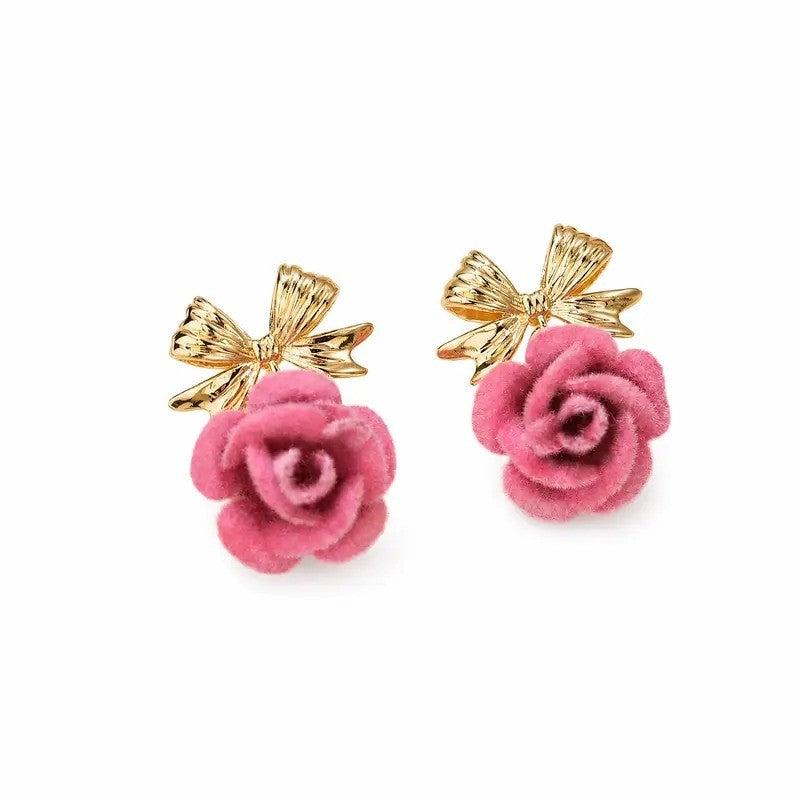 Romantic Flocked Rose Bow Stud Earrings