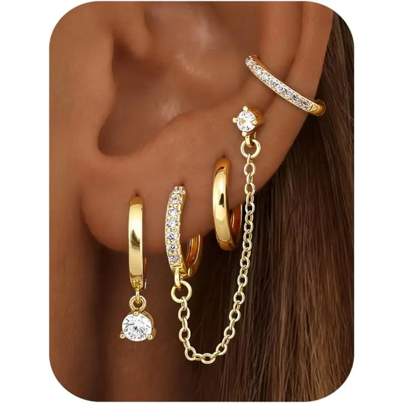 8pc Classy CZ Chain & Huggie Earring Set