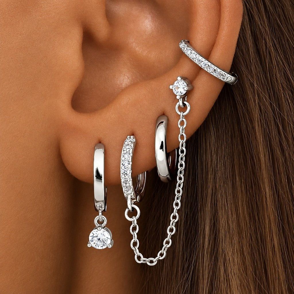8pc Classy CZ Chain & Huggie Earring Set