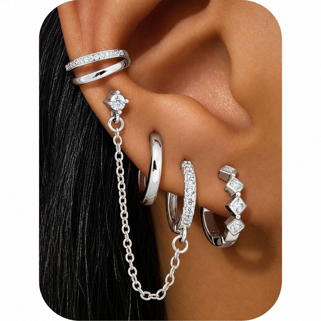 8pc Classy CZ Chain & Huggie Earring Set