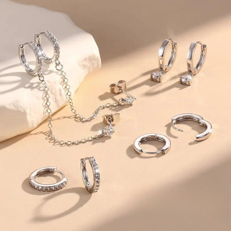8pc Classy CZ Chain & Huggie Earring Set