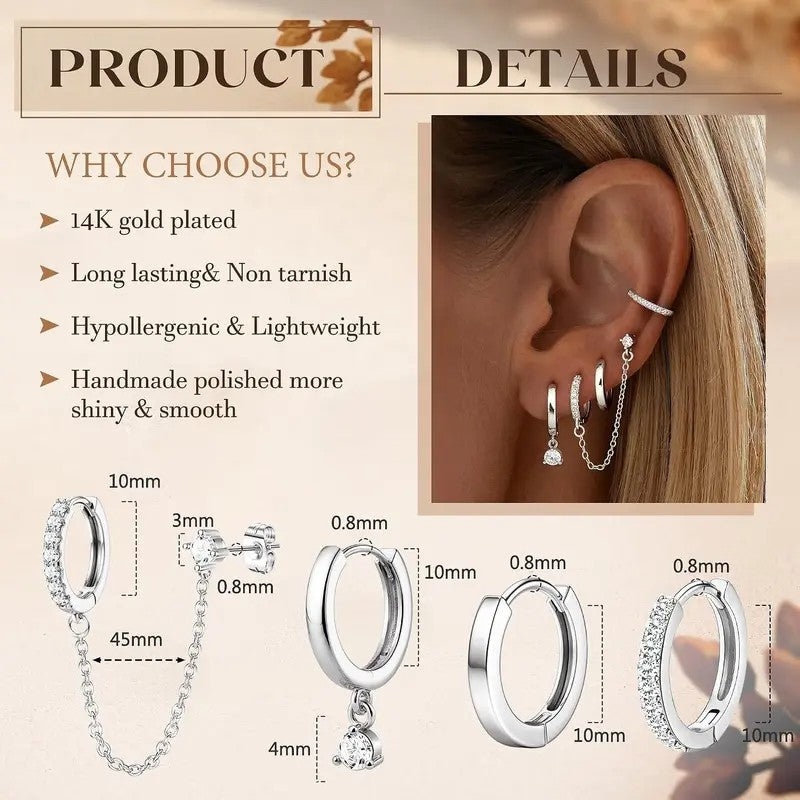 8pc Classy CZ Chain & Huggie Earring Set