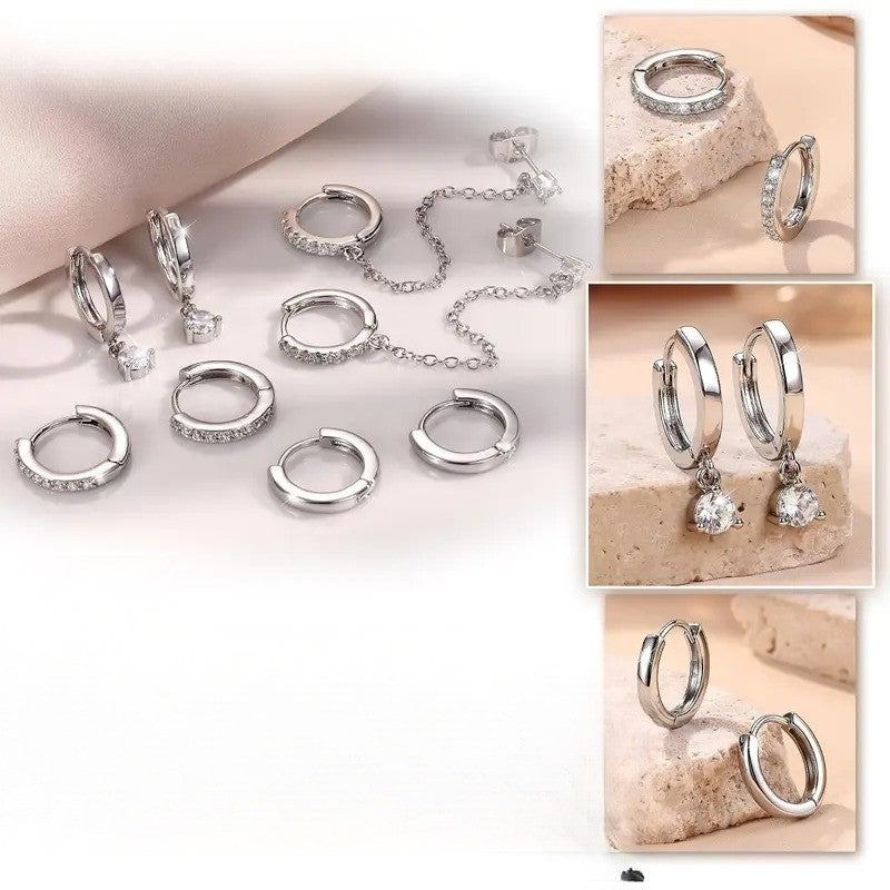 8pc Classy CZ Chain & Huggie Earring Set